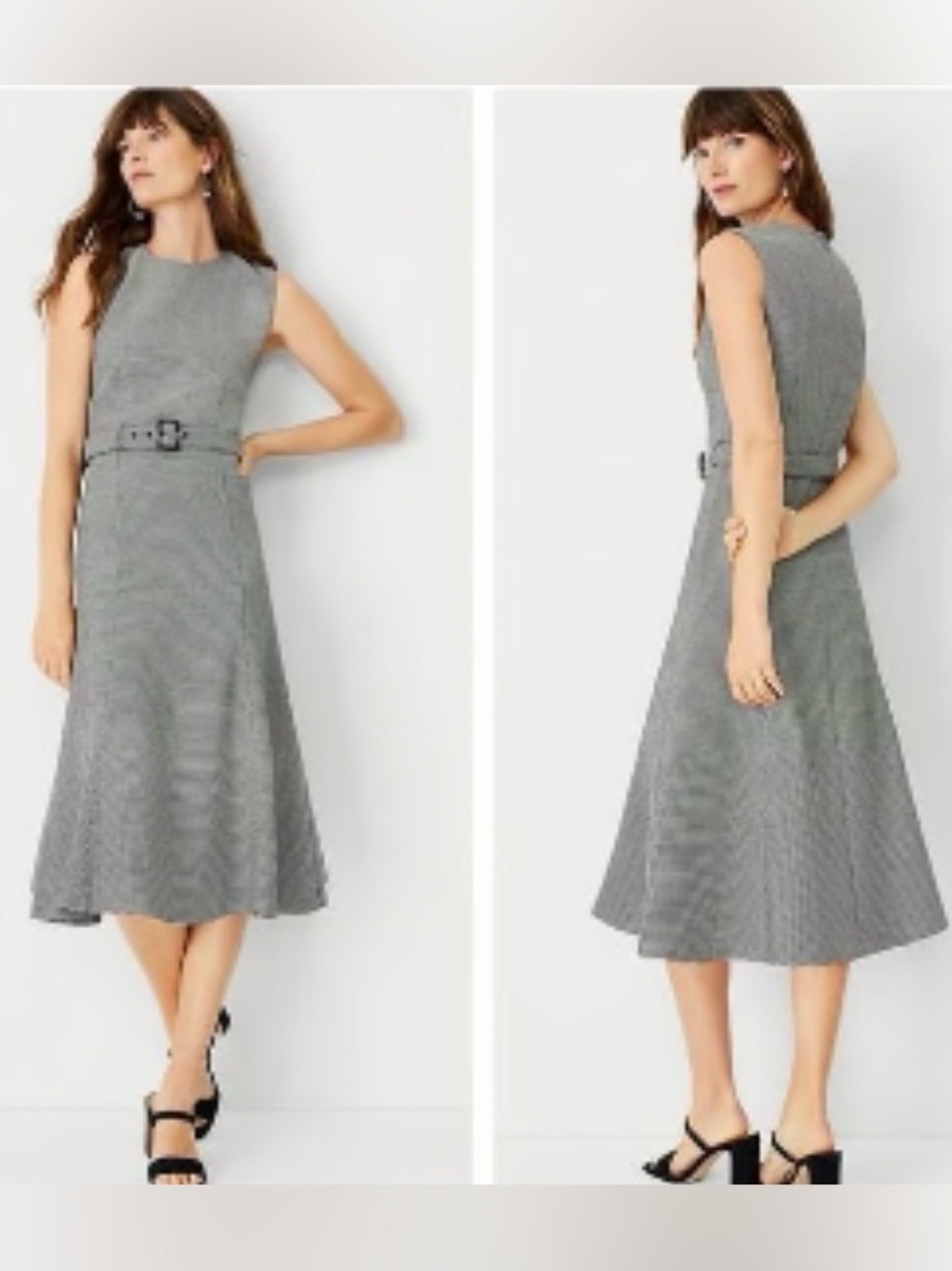 Ann Taylor Black & White Houndstooth Belted Midi Dress Fall Chic Business